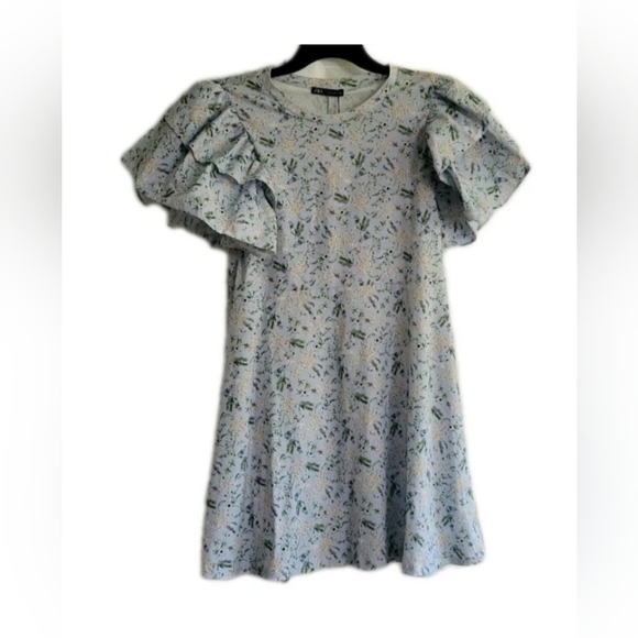 Zara Blue Floral Ruffle Sleeve A-Line T Shirt Dress Women's Size Medium - Picture 2 of 6